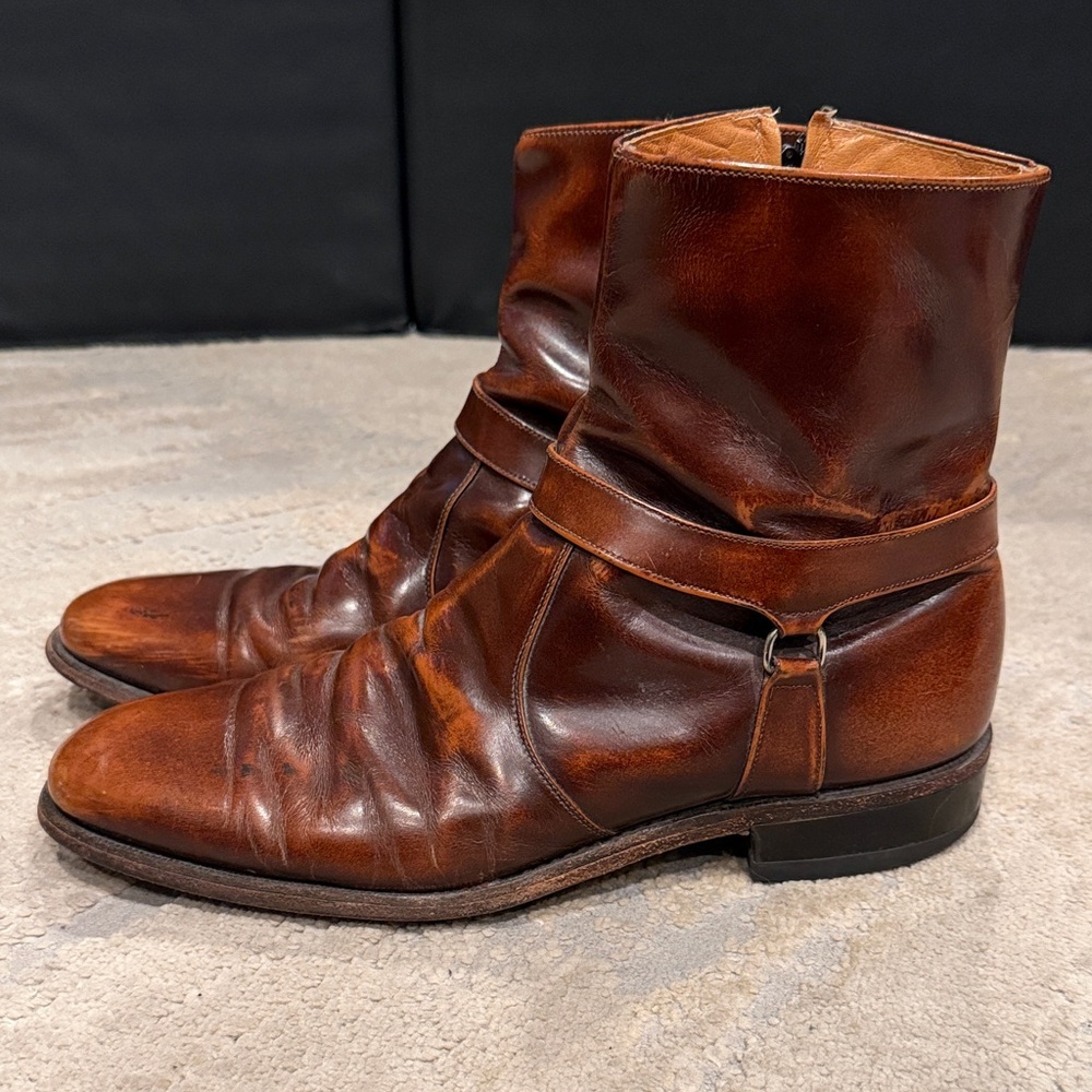 JOHNSTON & MURPHY • BOOTS SQUARE TOE HIPSTER ZIP UP LEATHER BROWN BEATLE BOOTS